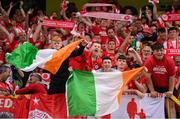 16 July 2025; Shelbourne supporters celebrate after the UEFA Champions League First Qualifying Round second leg match between Linfield and Shelbourne at Clearer Twist National Football Stadium at Windsor Park in Belfast. Photo by Stephen McCarthy/Sportsfile