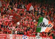 16 July 2025; Shelbourne supporters celebrate after the UEFA Champions League First Qualifying Round second leg match between Linfield and Shelbourne at Clearer Twist National Football Stadium at Windsor Park in Belfast. Photo by Stephen McCarthy/Sportsfile
