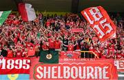 16 July 2025; Shelbourne supporters celebrate after the UEFA Champions League First Qualifying Round second leg match between Linfield and Shelbourne at Clearer Twist National Football Stadium at Windsor Park in Belfast. Photo by Stephen McCarthy/Sportsfile