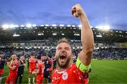 16 July 2025; Paddy Barrett of Shelbourne celebrates after the UEFA Champions League First Qualifying Round second leg match between Linfield and Shelbourne at Clearer Twist National Football Stadium at Windsor Park in Belfast. Photo by Stephen McCarthy/Sportsfile