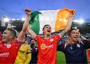16 July 2025; Sean Boyd of Shelbourne, centre, celebrates after the UEFA Champions League First Qualifying Round second leg match between Linfield and Shelbourne at Clearer Twist National Football Stadium at Windsor Park in Belfast. Photo by Stephen McCarthy/Sportsfile