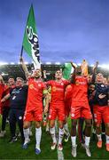 16 July 2025; Shelbourne players celebrate after the UEFA Champions League First Qualifying Round second leg match between Linfield and Shelbourne at Clearer Twist National Football Stadium at Windsor Park in Belfast. Photo by Stephen McCarthy/Sportsfile