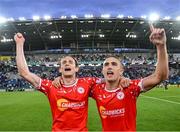16 July 2025; Harry Wood, left, and Evan Caffrey of Shelbourne celebrate after the UEFA Champions League First Qualifying Round second leg match between Linfield and Shelbourne at Clearer Twist National Football Stadium at Windsor Park in Belfast. Photo by Stephen McCarthy/Sportsfile
