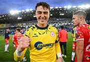 16 July 2025; Shelbourne goalkeeper Lorcan Healy celebrates after the UEFA Champions League First Qualifying Round second leg match between Linfield and Shelbourne at Clearer Twist National Football Stadium at Windsor Park in Belfast. Photo by Stephen McCarthy/Sportsfile