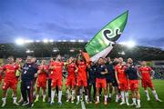 16 July 2025; Shelbourne players celebrate after the UEFA Champions League First Qualifying Round second leg match between Linfield and Shelbourne at Clearer Twist National Football Stadium at Windsor Park in Belfast. Photo by Stephen McCarthy/Sportsfile