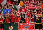 16 July 2025; Shelbourne supporters celebrate after the UEFA Champions League First Qualifying Round second leg match between Linfield and Shelbourne at Clearer Twist National Football Stadium at Windsor Park in Belfast. Photo by Stephen McCarthy/Sportsfile