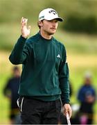 17 July 2025; Nicolai Hojgaard of Denmark acknowledges the crowd after putting on the second green during day one of The 153rd Open Championship at Royal Portrush Golf Club in Portrush, Antrim. Photo by David Fitzgerald/Sportsfile