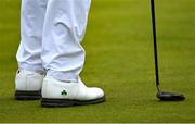 17 July 2025; A detailed view of a shamrock on the shoes of Shane Lowry of Ireland during day one of The 153rd Open Championship at Royal Portrush Golf Club in Portrush, Antrim. Photo by David Fitzgerald/Sportsfile
