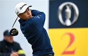 17 July 2025; Collin Morikawa of USA watches his tee shot on the second hole during day one of The 153rd Open Championship at Royal Portrush Golf Club in Portrush, Antrim. Photo by David Fitzgerald/Sportsfile