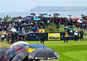 17 July 2025; Scottie Scheffler of USA watches his tee shot on the ninth hole during day one of The 153rd Open Championship at Royal Portrush Golf Club in Portrush, Antrim. Photo by David Fitzgerald/Sportsfile