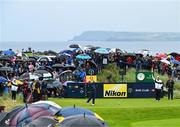 17 July 2025; Shane Lowry of Ireland watches his tee shot on the ninth hole during day one of The 153rd Open Championship at Royal Portrush Golf Club in Portrush, Antrim. Photo by David Fitzgerald/Sportsfile