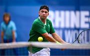 17 July 2025; Connor Gannon, from Leopardstown in Dublin, representing University of Memphis and Ireland, competes in the men's singles round of 64 match against Ki Lung Roger NG of Hong Kong during day one of the FISU World University Games 2025 at ETUF Tennisanlage in Essen, Germany. Photo by Shauna Clinton/Sportsfile