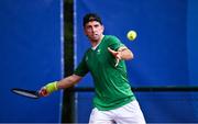 17 July 2025; Connor Gannon, from Leopardstown in Dublin, representing University of Memphis and Ireland, competes in the men's singles round of 64 match against Ki Lung Roger NG of Hong Kong during day one of the FISU World University Games 2025 at ETUF Tennisanlage in Essen, Germany. Photo by Shauna Clinton/Sportsfile