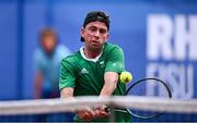 17 July 2025; Connor Gannon, from Leopardstown in Dublin, representing University of Memphis and Ireland, competes in the men's singles round of 64 match against Ki Lung Roger NG of Hong Kong during day one of the FISU World University Games 2025 at ETUF Tennisanlage in Essen, Germany. Photo by Shauna Clinton/Sportsfile