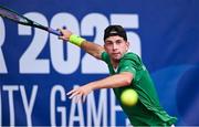 17 July 2025; Connor Gannon, from Leopardstown in Dublin, representing University of Memphis and Ireland, competes in the men's singles round of 64 match against Ki Lung Roger NG of Hong Kong during day one of the FISU World University Games 2025 at ETUF Tennisanlage in Essen, Germany. Photo by Shauna Clinton/Sportsfile