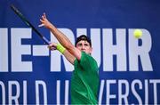 17 July 2025; Connor Gannon, from Leopardstown in Dublin, representing University of Memphis and Ireland, competes in the men's singles round of 64 match against Ki Lung Roger NG of Hong Kong during day one of the FISU World University Games 2025 at ETUF Tennisanlage in Essen, Germany. Photo by Shauna Clinton/Sportsfile