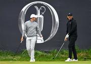 17 July 2025; Rory McIlroy of Northern Ireland and Tommy Fleetwood of England on the first tee box during day one of The 153rd Open Championship at Royal Portrush Golf Club in Portrush, Antrim. Photo by Ramsey Cardy/Sportsfile
