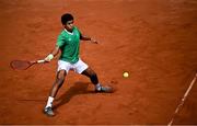 17 July 2025; Ammar Elamin, from Mullingar in Westmeath, representing Technological University Dublin and Ireland, competes in the men's singles round of 64 match against Carlos Andrés García Campoverde of Ecuador during day one of the FISU World University Games 2025 at ETUF Tennisanlage in Essen, Germany. Photo by Shauna Clinton/Sportsfile