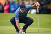 17 July 2025; Justin Rose of England lines up a putt on the ninth green during day one of The 153rd Open Championship at Royal Portrush Golf Club in Portrush, Antrim. Photo by David Fitzgerald/Sportsfile