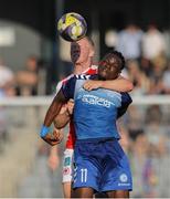 17 July 2025; Kader Njoya Abdel of FC Hegelmann in action against Tom Grivosti of St Patrick's Athletic during the UEFA Conference League First Qualifying Round second leg match between FC Hegelmann and St Patrick's Athletic at Raudondvaris Stadium in Raudondvaris, Lithuania. Photo by Evaldas Semiotas/Sportsfile