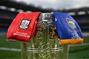 18 July 2025; The Liam MacCarthy Cup is pictured at Croke Park in Dublin alongside the jerseys of Cork and Tipperary ahead of the GAA Hurling All-Ireland Senior Championship Final between Cork and Tipperary. Photo by Sam Barnes/Sportsfile
