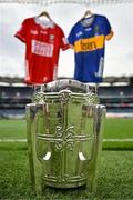 18 July 2025; The Liam MacCarthy Cup is pictured at Croke Park in Dublin alongside the jerseys of Cork and Tipperary ahead of the GAA Hurling All-Ireland Senior Championship Final between Cork and Tipperary. Photo by Sam Barnes/Sportsfile