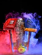 18 July 2025; The Liam MacCarthy Cup is pictured at Croke Park in Dublin alongside an official match sliotar and the jerseys of Cork and Tipperary ahead of the GAA Hurling All-Ireland Senior Championship Final between Cork and Tipperary. Photo by Sam Barnes/Sportsfile