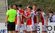 17 July 2025; Kian Leavy of St Patrick's Athletic, centre, celebrates with teammates after scoring his side's second goal during the UEFA Conference League First Qualifying Round second leg match between FC Hegelmann and St Patrick's Athletic at Raudondvaris Stadium in Raudondvaris, Lithuania. Photo by Evaldas Semiotas/Sportsfile