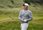 17 July 2025; Rory McIlroy of Northern Ireland reacts to his from from the rough on the seventh hole during day one of The 153rd Open Championship at Royal Portrush Golf Club in Portrush, Antrim. Photo by Ramsey Cardy/Sportsfile