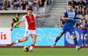 17 July 2025; Simon Power of St Patrick's Athletic has a shot on goal during the UEFA Conference League First Qualifying Round second leg match between FC Hegelmann and St Patrick's Athletic at Raudondvaris Stadium in Raudondvaris, Lithuania. Photo by Evaldas Semiotas/Sportsfile