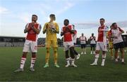 17 July 2025; St Patrick's Athletic players, from left, Ryan McLaughlin, Joseph Anang, Al-Amin Kazeem and Chris Forrester celebrate infront of their supporters after the UEFA Conference League First Qualifying Round second leg match between FC Hegelmann and St Patrick's Athletic at Raudondvaris Stadium in Raudondvaris, Lithuania. Photo by Evaldas Semiotas/Sportsfile