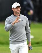 17 July 2025; Rory McIlroy of Northern Ireland acknowledges the crowd after a putt on the 17th green during day one of The 153rd Open Championship at Royal Portrush Golf Club in Portrush, Antrim. Photo by Ramsey Cardy/Sportsfile