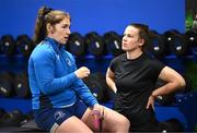 17 July 2025; Aoife Moore, left, and Louise Carter during a Leinster Rugby women's gym session at Energia Park in Dublin. Photo by Seb Daly/Sportsfile