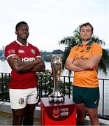 18 July 2025; Team captains Maro Itoje of British & Irish Lions, left, and Harry Wilson of Australia pose with the trophy during a photocall ahead of the first test at Suncorp Stadium in Brisbane, Australia. Photo by Brendan Moran/Sportsfile