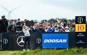 18 July 2025; Tyrrell Hatton of England watches his tee shot on the 10th hole during day two of The 153rd Open Championship at Royal Portrush Golf Club in Portrush, Antrim. Photo by Ramsey Cardy/Sportsfile