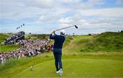 18 July 2025; Rory McIlroy of Northern Ireland watches his tee shot on the 14th hole during day two of The 153rd Open Championship at Royal Portrush Golf Club in Portrush, Antrim. Photo by David Fitzgerald/Sportsfile