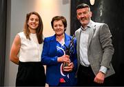 18 July 2025; Former Wexford camogie player Margaret O'Leary-Leacy, centre, is presented with her GPA Lifetime Achievement Award by GPA's National Executive Committee co-chair Aisling Maher, left, and GPA president Dónal Óg Cusack during the GPA Hurling and Camogie Legends Lunch at Croke Park in Dublin. Photo by Seb Daly/Sportsfile