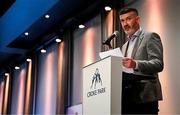 18 July 2025; GPA president Dónal Óg Cusack during the GPA Hurling and Camogie Legends Lunch at Croke Park in Dublin. Photo by Seb Daly/Sportsfile