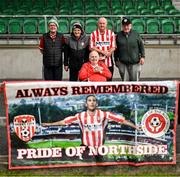 18 July 2025; Derry City supporters, from left, Rory McCrea, Vincent Doherty, Charlie Doherty, John Elliott and Mickey Kerrigan before the Sports Direct Men’s FAI Cup second round match between Treaty United and Derry City at Markets Field in Limerick. Photo by Stephen McCarthy/Sportsfile
