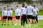 18 July 2025; Sadou Diallo and Derry City team-mates before the Sports Direct Men’s FAI Cup second round match between Treaty United and Derry City at Markets Field in Limerick. Photo by Stephen McCarthy/Sportsfile