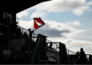 18 July 2025; A Galway United supporter waves a flag in the main stand before the Sports Direct Men’s FAI Cup second round match between Galway United and Tolka Rovers at Eamonn Deacy Park in Galway. Photo by Piaras Ó Mídheach/Sportsfile