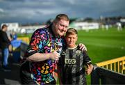 18 July 2025; Professional darts player Ricky Evans with Treaty United supporter Andi Durnescu before the Sports Direct Men’s FAI Cup second round match between Treaty United and Derry City at Markets Field in Limerick. Photo by Stephen McCarthy/Sportsfile