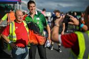 18 July 2025; Professional darts player Williams O'Connor with Treaty United's Joe Haore before the Sports Direct Men’s FAI Cup second round match between Treaty United and Derry City at Markets Field in Limerick. Photo by Stephen McCarthy/Sportsfile