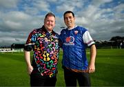 18 July 2025; Professional darts players Ricky Evans, left, and William O'Connor before the Sports Direct Men’s FAI Cup second round match between Treaty United and Derry City at Markets Field in Limerick. Photo by Stephen McCarthy/Sportsfile