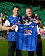 18 July 2025; Professional darts players William O'Connor, left, and Ricky Evans before the Sports Direct Men’s FAI Cup second round match between Treaty United and Derry City at Markets Field in Limerick. Photo by Stephen McCarthy/Sportsfile