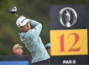 18 July 2025; Collin Morikawa of USA watches his tee shot on the 12th hole during day two of The 153rd Open Championship at Royal Portrush Golf Club in Portrush, Antrim. Photo by Ramsey Cardy/Sportsfile