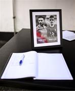 18 July 2025; A book of condolences for the late Portugal and Liverpool player Diogo Jota and his brother, FC Penafiel player, Andre Jota is seen outside the stadium before the Sports Direct Men’s FAI Cup second round match between Dundalk and Sligo Rovers at Oriel Park in Dundalk, Louth. Photo by Ben McShane/Sportsfile