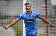 18 July 2025; Markuss Strods of Bohemians celebrates after scoring his side's first goal during the Sports Direct Men’s FAI Cup second round match between Killester Donnycarney and Bohemians at Dalymount Park in Dublin. Photo by Seb Daly/Sportsfile