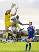 18 July 2025; Treaty United goalkeeper Corey Chambers and Robbie Lynch, right, in action against Dipo Akinyemi of Derry City during the Sports Direct Men’s FAI Cup second round match between Treaty United and Derry City at Markets Field in Limerick. Photo by Stephen McCarthy/Sportsfile