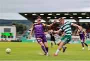 18 July 2025; Michael Noonan of Shamrock Rovers in action against Dean Larkin of Wexford during the Sports Direct Men’s FAI Cup second round match between Shamrock Rovers and Wexford at Tallaght Stadium in Dublin. Photo by Thomas Flinkow/Sportsfile